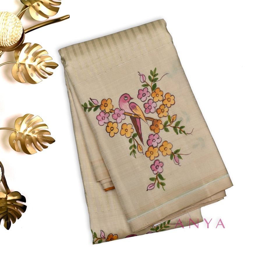 Off White Hand Painted Kanchi Silk Saree with Bird Floral Painted and Zari Box Design